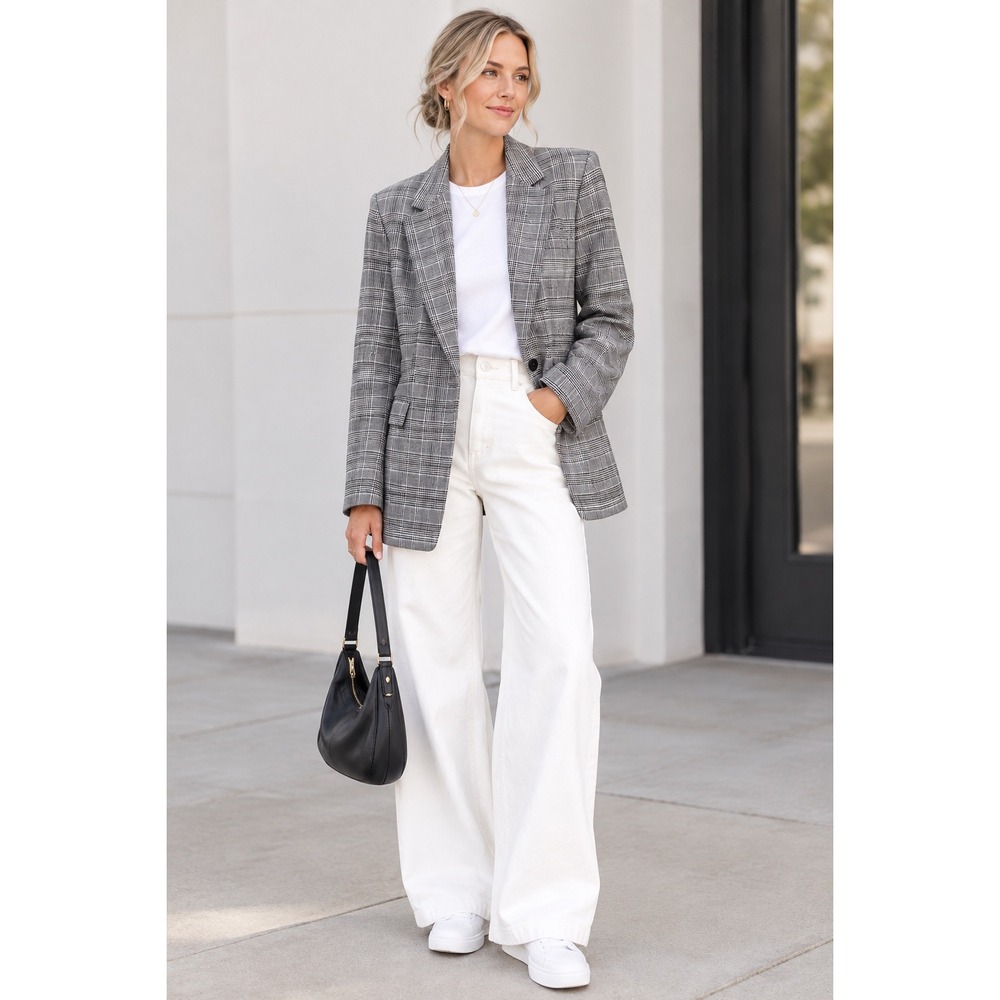 Nordstrom glen plaid single-button blazer jacket Size M gray career fall